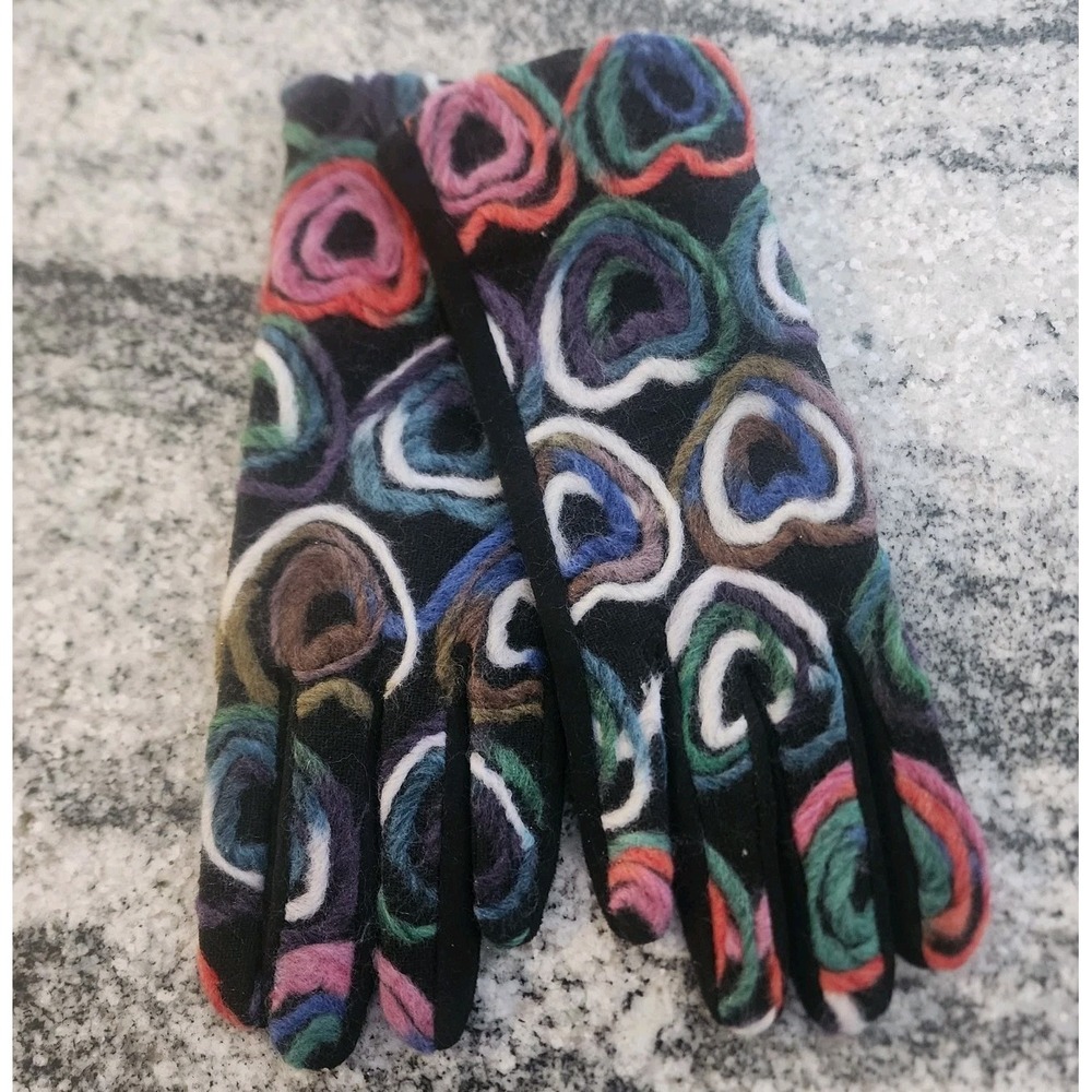 FABRIC HEART‎ TOUCH GLOVES WOMENS YARN EMBROIDED WINTER BLACK COLORFUL SOFT